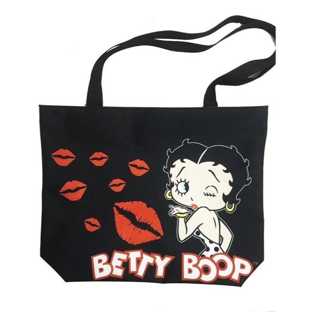 New Black Betty Boop Kisses Lips Tote Zipper Bag Large Shoulder Shopping Gift